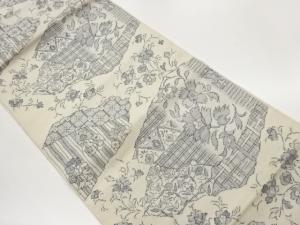 手織り紬花葉に幾何学・縞・格子模様織出し名古屋帯